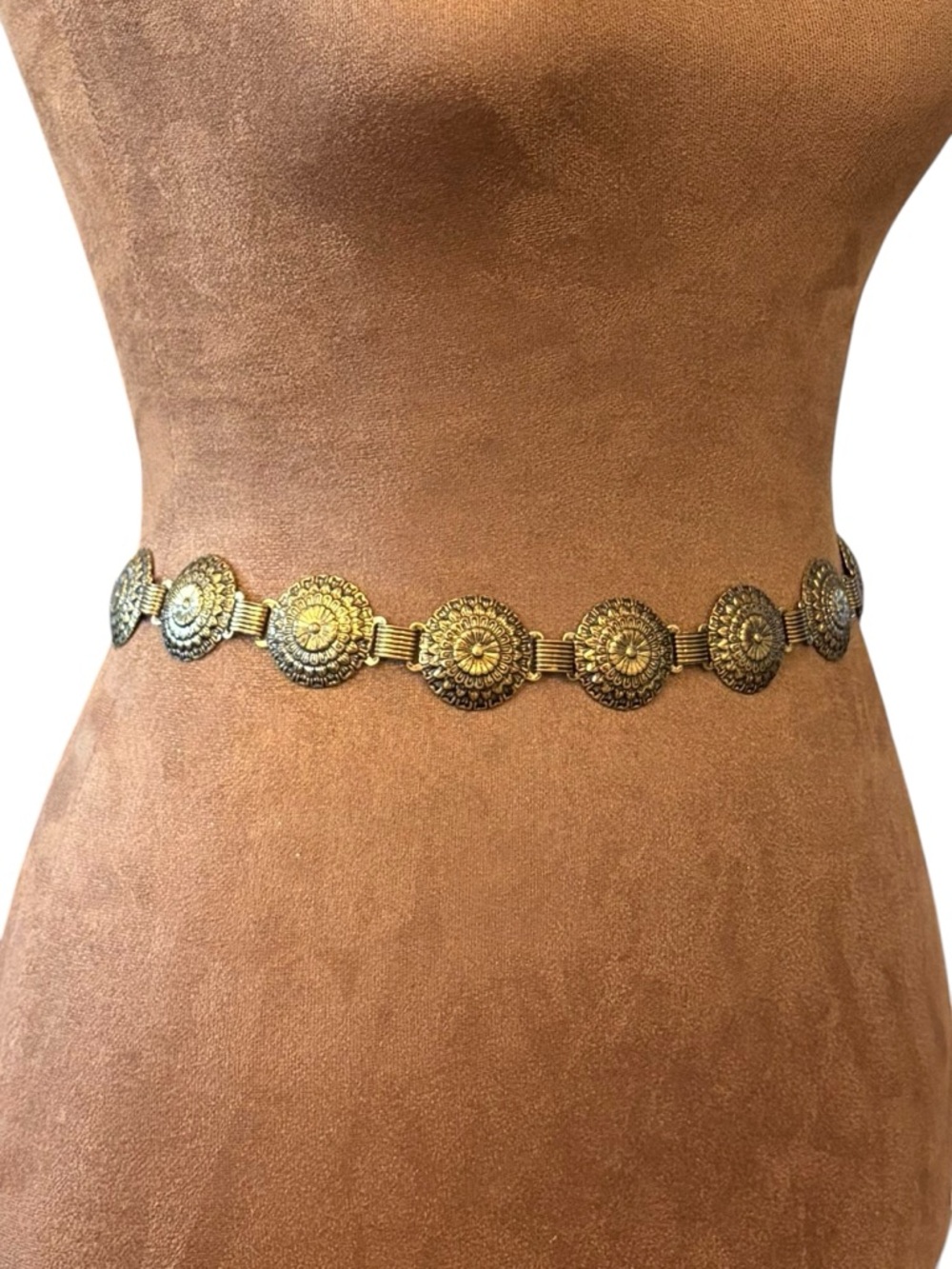 Medallion Antique Gold Tone Waist Belt 29” Boho Western Preppy Hip Belt - Picture 3 of 8